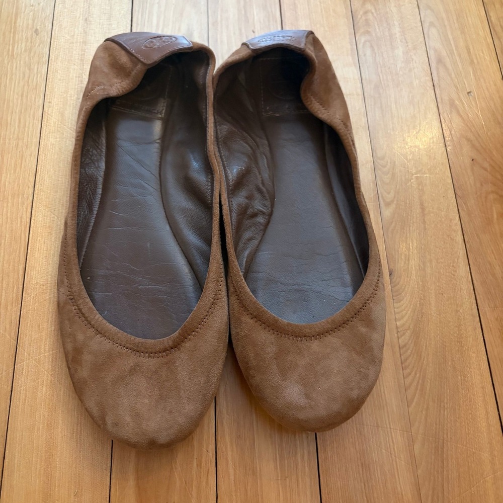 Tory Burch Minnie Travel Ballet Flats Brown Suede Leather Logo Women 9.5M
